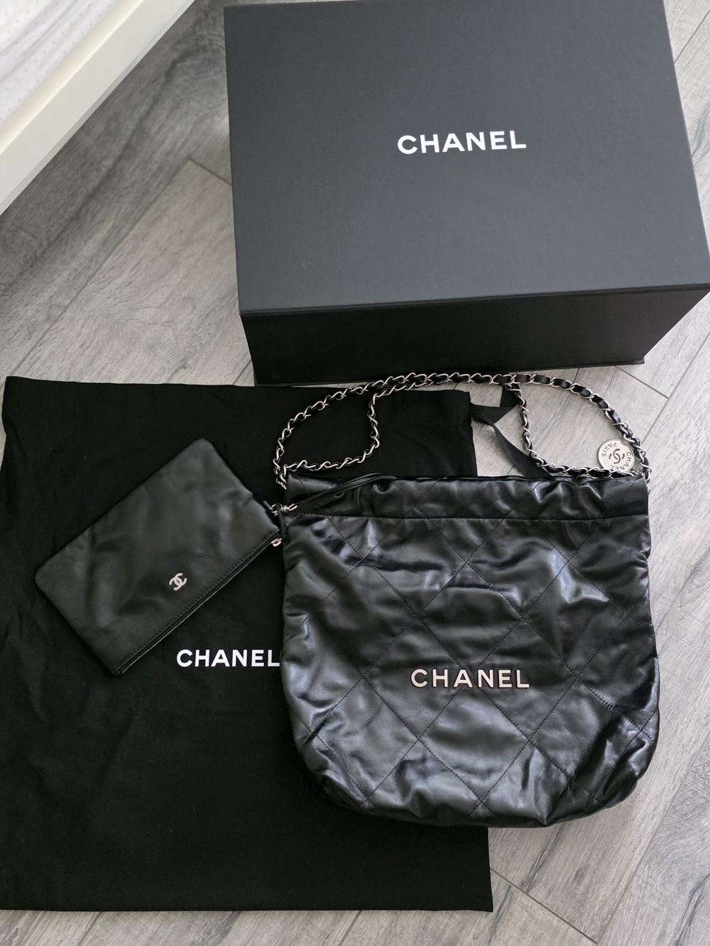 CHANEL 22 Small,  Black w/matte black hardware and Pouch